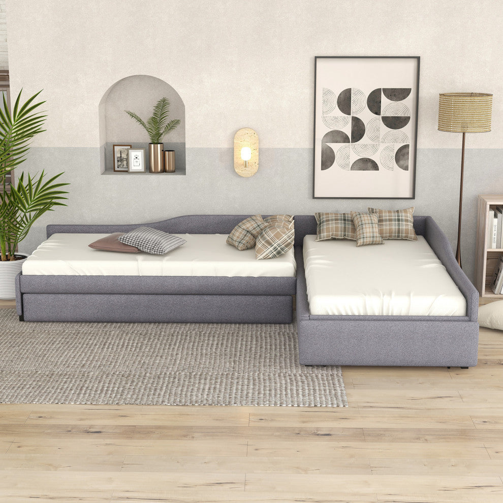 Gewnee Upholstered Double Twin Size Daybed with Trundle and Drawer in Gray