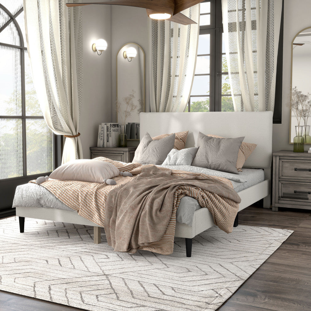 Miles White Boucle Upholstered Wood Frame Platform Bed, Queen, Pillow