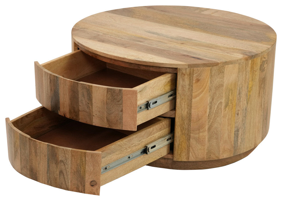 Christa 2-Drawer 30" Round Coffee Table, Natural Mango