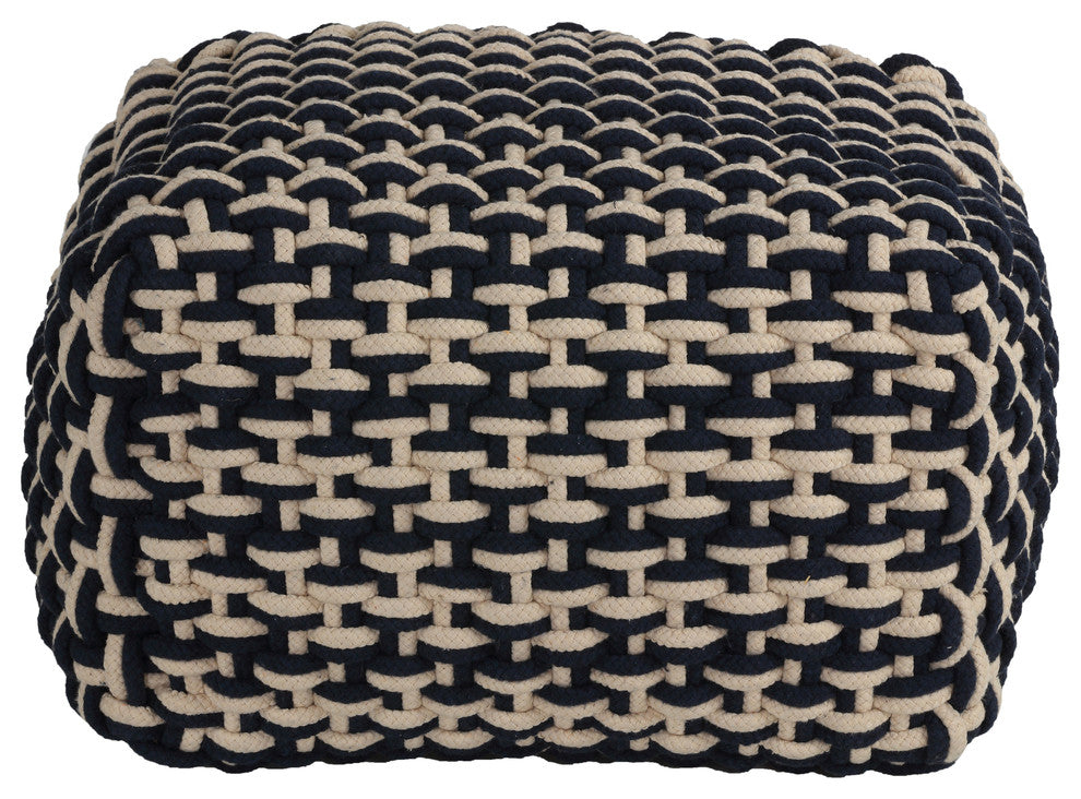 Cortesi Home Griffin Rope Pouf Ottoman, Navy and Cream