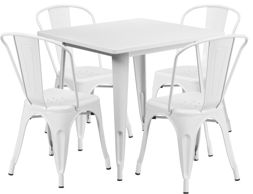 31.5" Square White Metal Indoor-Outdoor 5-Piece Table Set With 4 Stack Chairs
