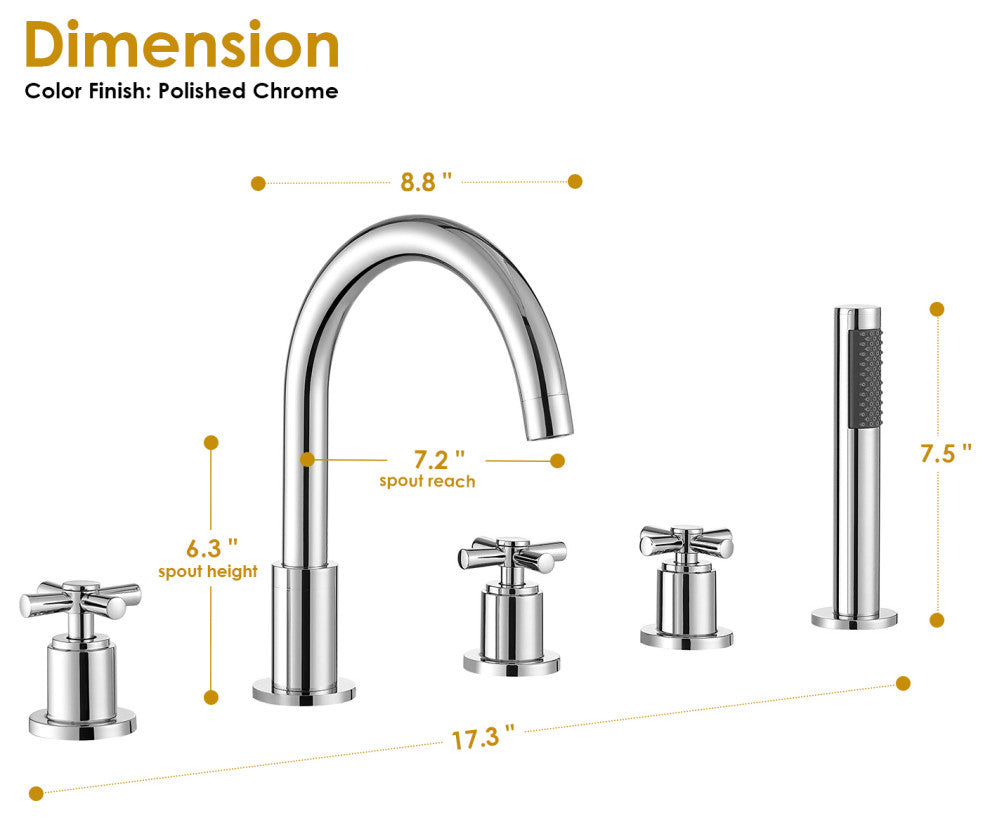 Sorlia Cross Handles Deck-Mount Roman Tub Faucet With Handshower, Polished Chome