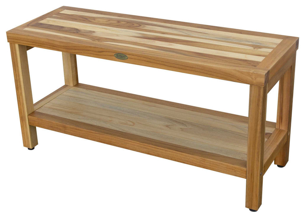 HomeRoots Large Rectangular Teak Bench With Shelf, Natural Finish