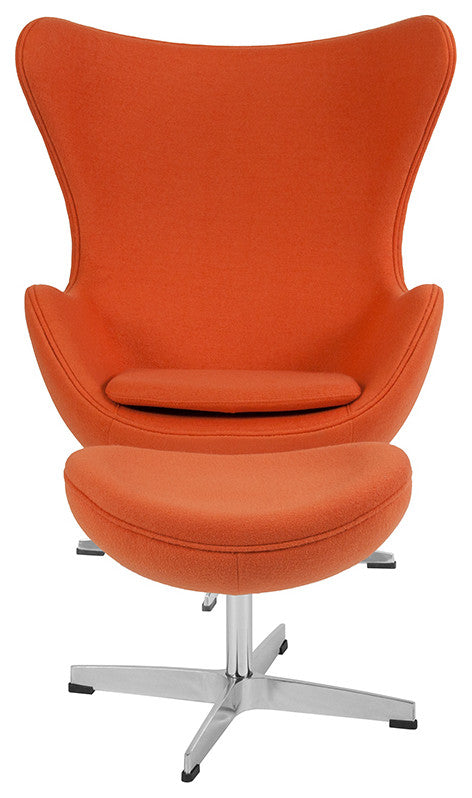 Orange Wool Fabric Egg Chair With Tilt-Lock Mechanism And Ottoman