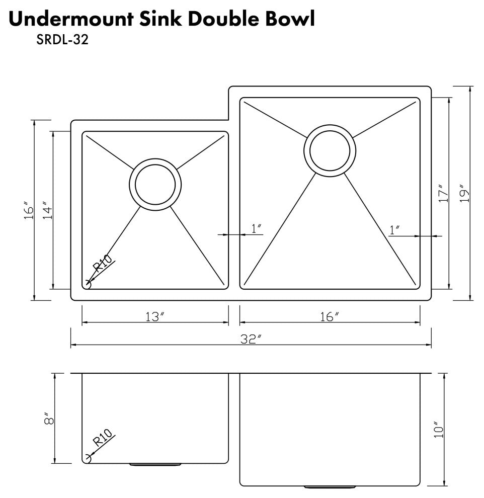 ZLINE 32 In. Under Mount Sink, Stainless Steel, Double Bowl, SRDL-32