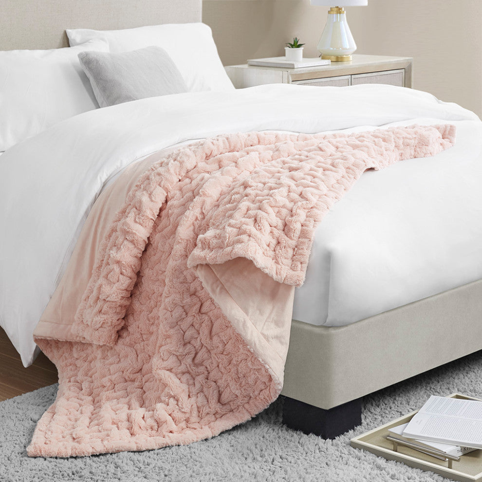 Madison Park Ruched Fur Throw, Blush