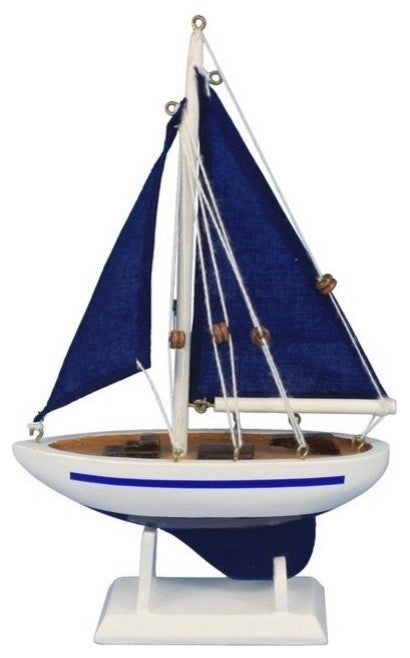Wooden Pacific Sailer With Blue Sails Model Sailboat Decoration, Blue, 9"