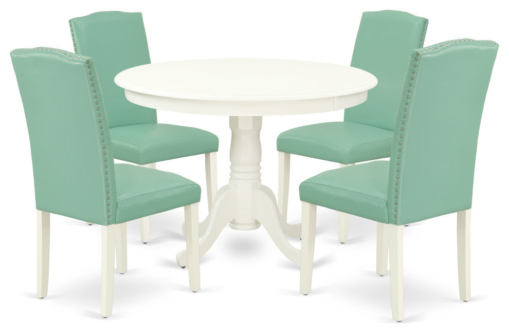 5Pc Round 42" Dinette Table, Four Parson Chair, White Leg, Pu Leather Color Pond