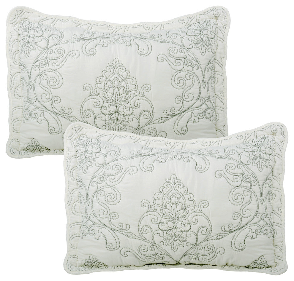 Damask Embroidered Quilted 4 Piece Bed Spread Sets, Antique White, Queen