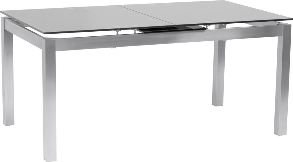 Ivan Extension Dining Table, Brushed Stainless Steel and Gray Tempered Glass Top