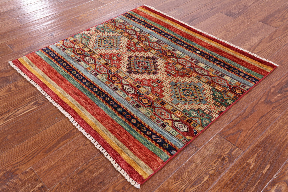 3' 3" X 3' 6"' Square Super Kazak Khorjin Handmade Rug Q10819