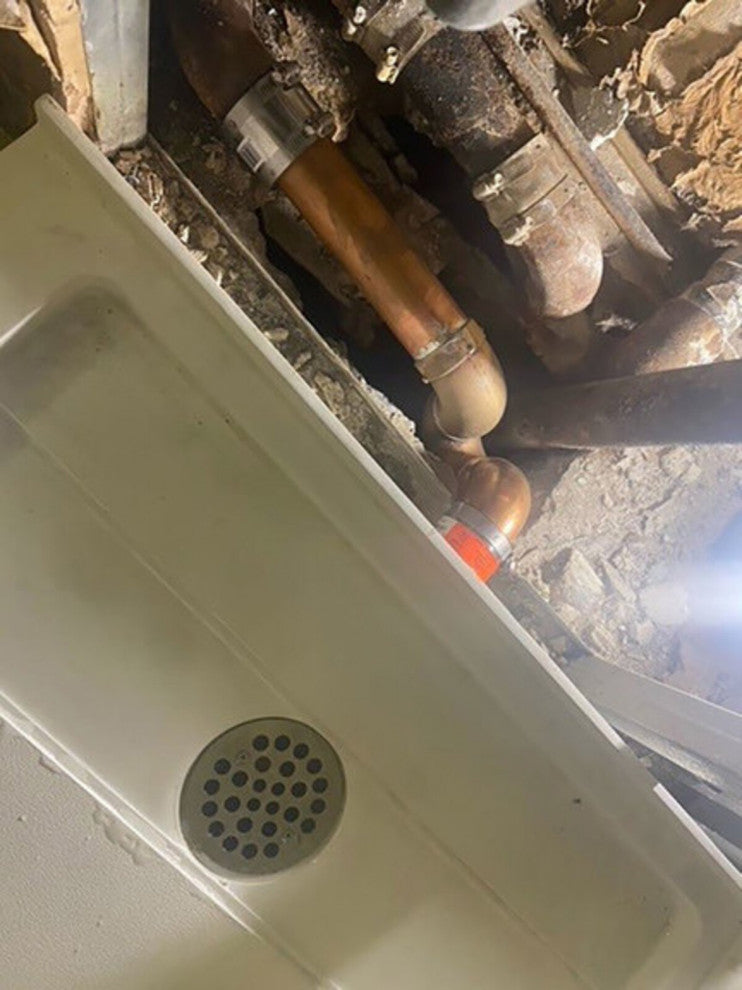 OSB Side Discharge Shower Drain Converting Bath Tub To Walk In Shower, White Cover, Cast Brass
