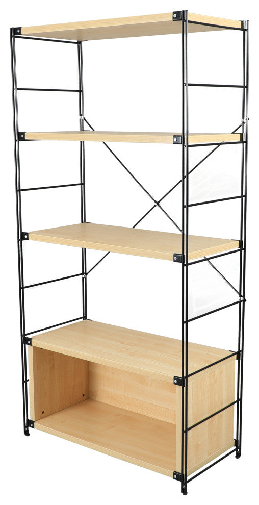 LeisureMod Brentwood Bookcase with Black Steel Frame, Natural Wood