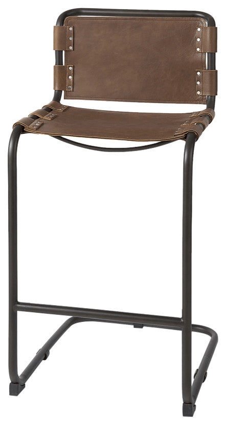 Light Brown Leather Iron Framed Bar Stool