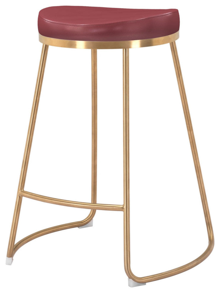 Counter Stool Chair, Set of 2, Faux Vinyl Leather, Steel, Burgundy, Gold, Cafe