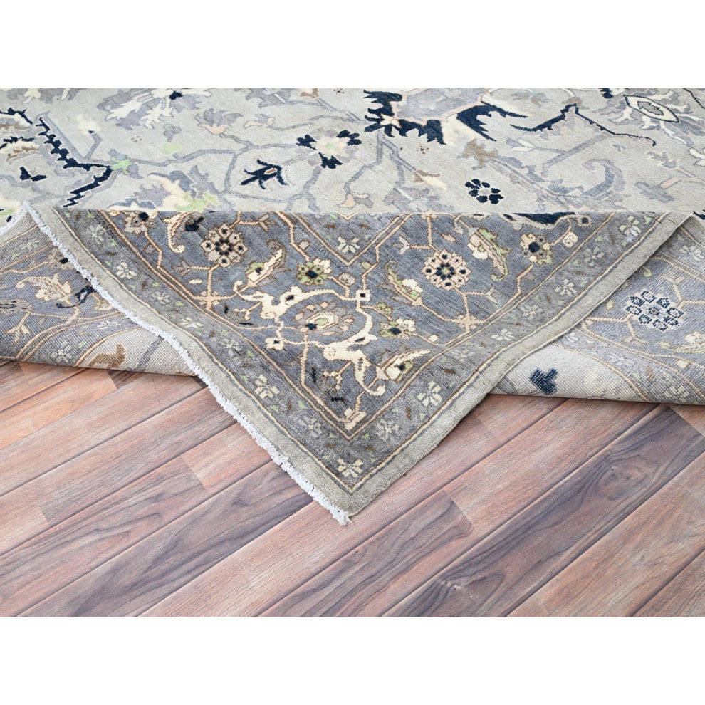 Gray Afghan Peshawar With Serapi Heriz Design Wool Hand Knotted Rug 9'x12'2"