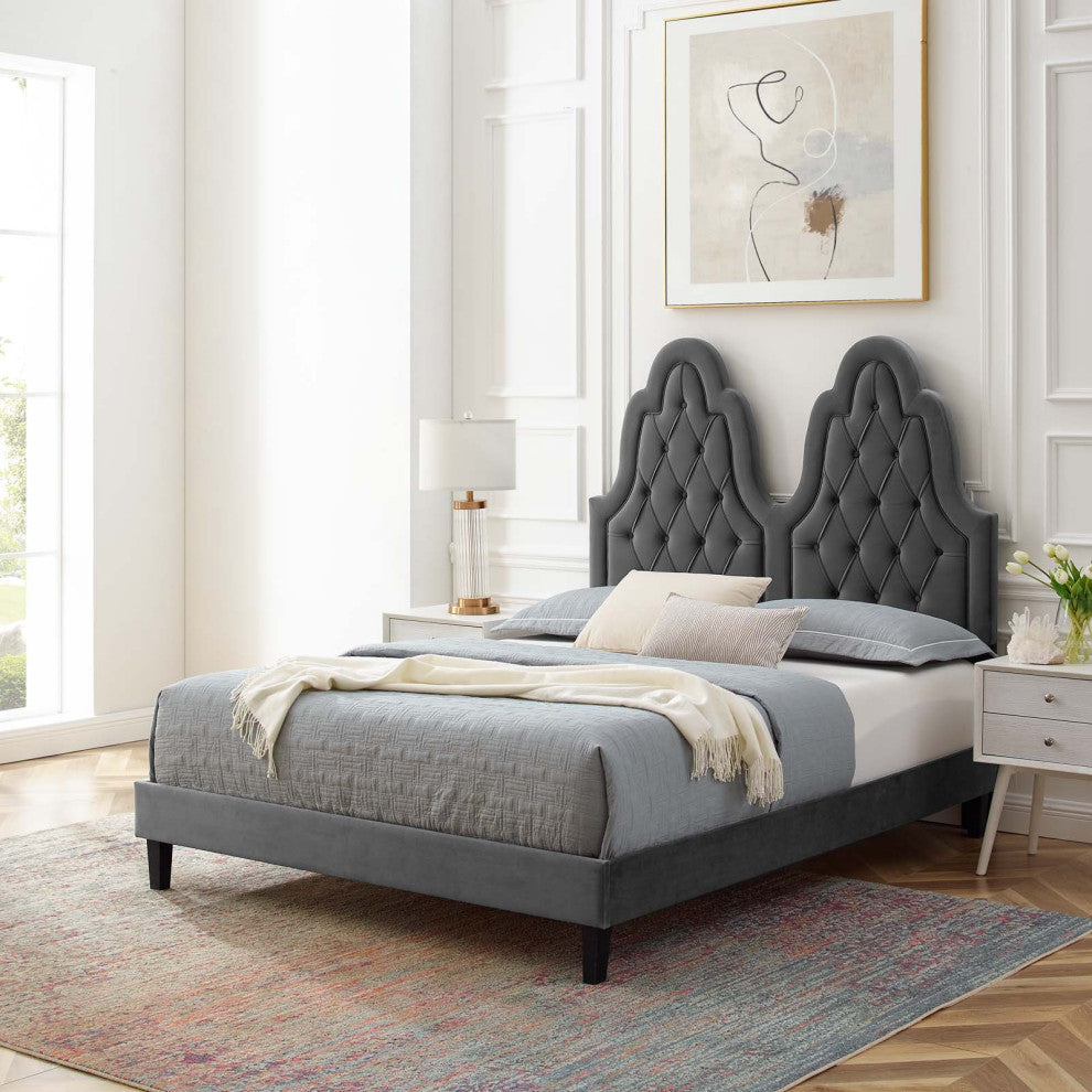 Tufted Platform Bed Frame, Twin Size, Velvet, Gray, Modern Contemporary