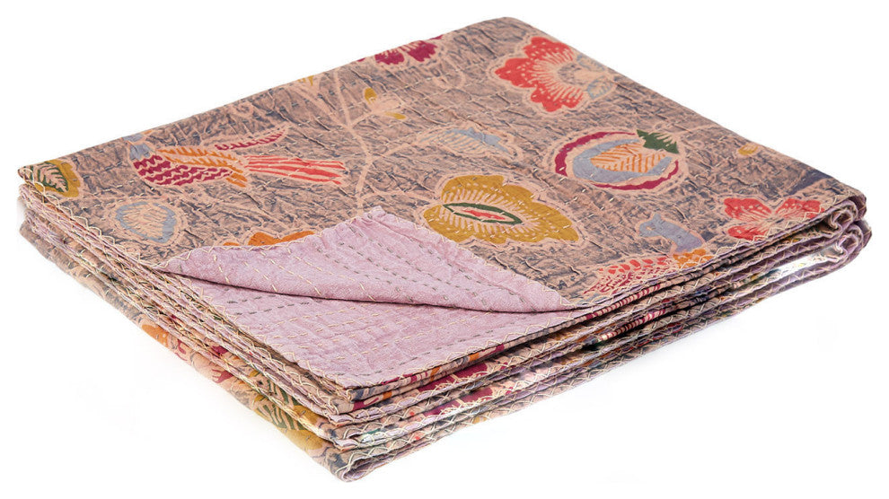 50"x70" Gray and Pink Kantha Cotton Floral Throw Blanket With Embroidery