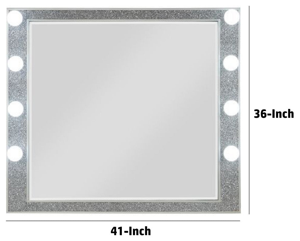 Benzara BM275048 Wall Mirror With Faux Crystals Inlay & 8 Bulb Sockets, Silver