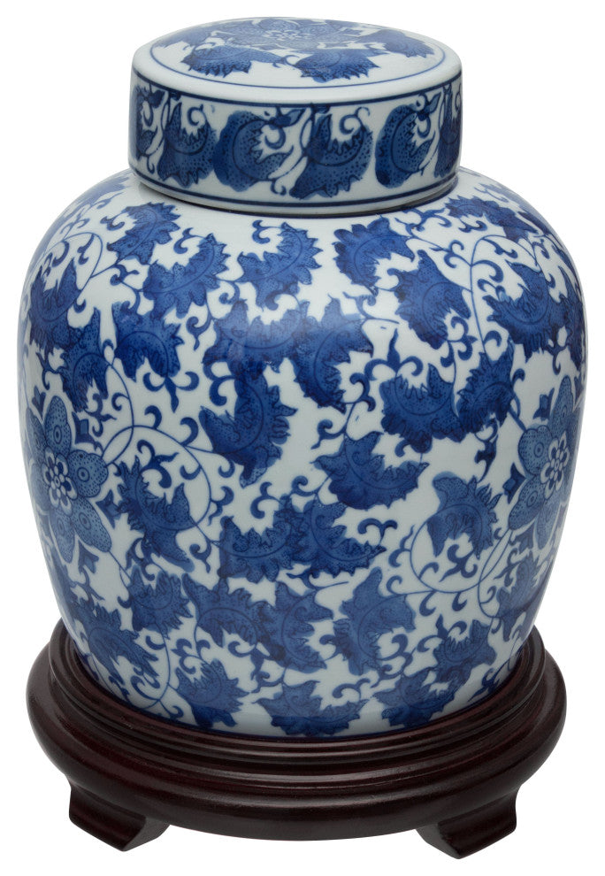 10" Floral Blue and White Porcelain Ginger Jar