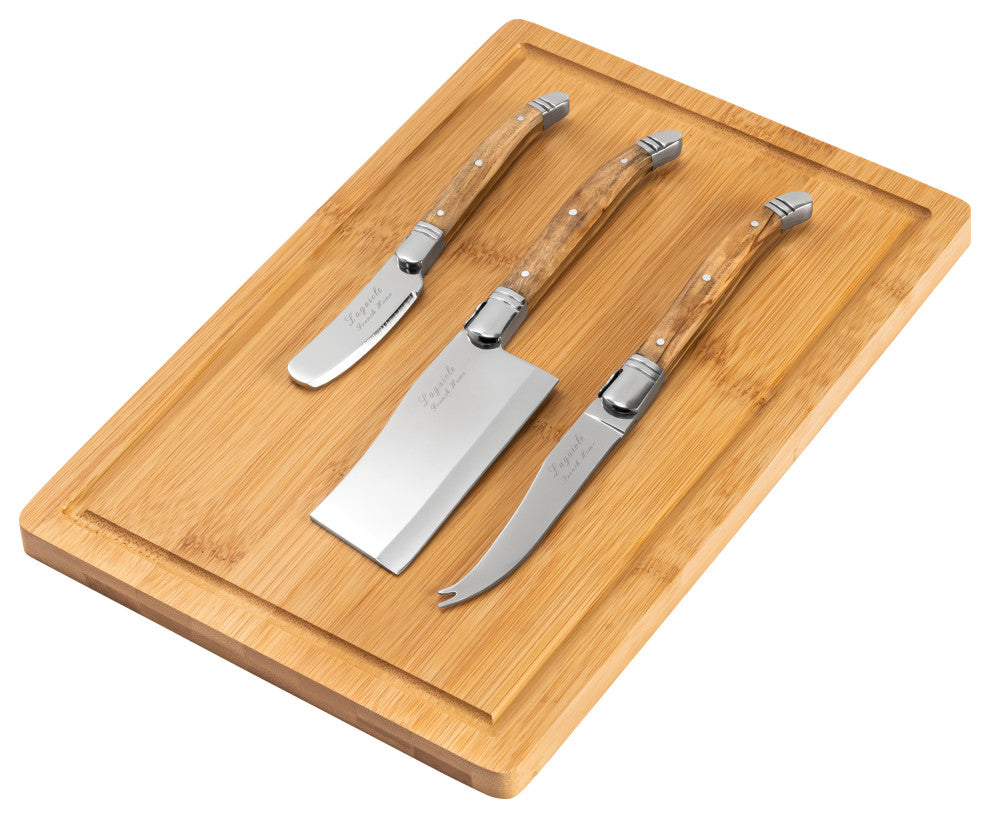 French Home Connoisseur Laguiole Olive Wood Knives and Bamboo Cheese Board
