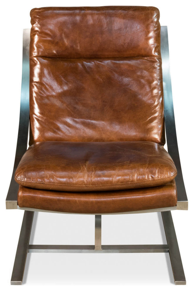 Modern Stainless Steel and Brown Leather Chair