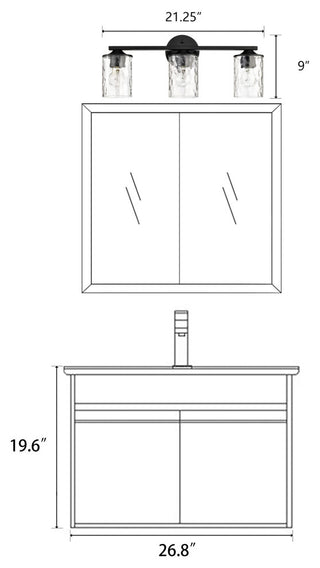 3-Light 21 in. Matte Black Vanity Light With Hammered Clear Glass Shades