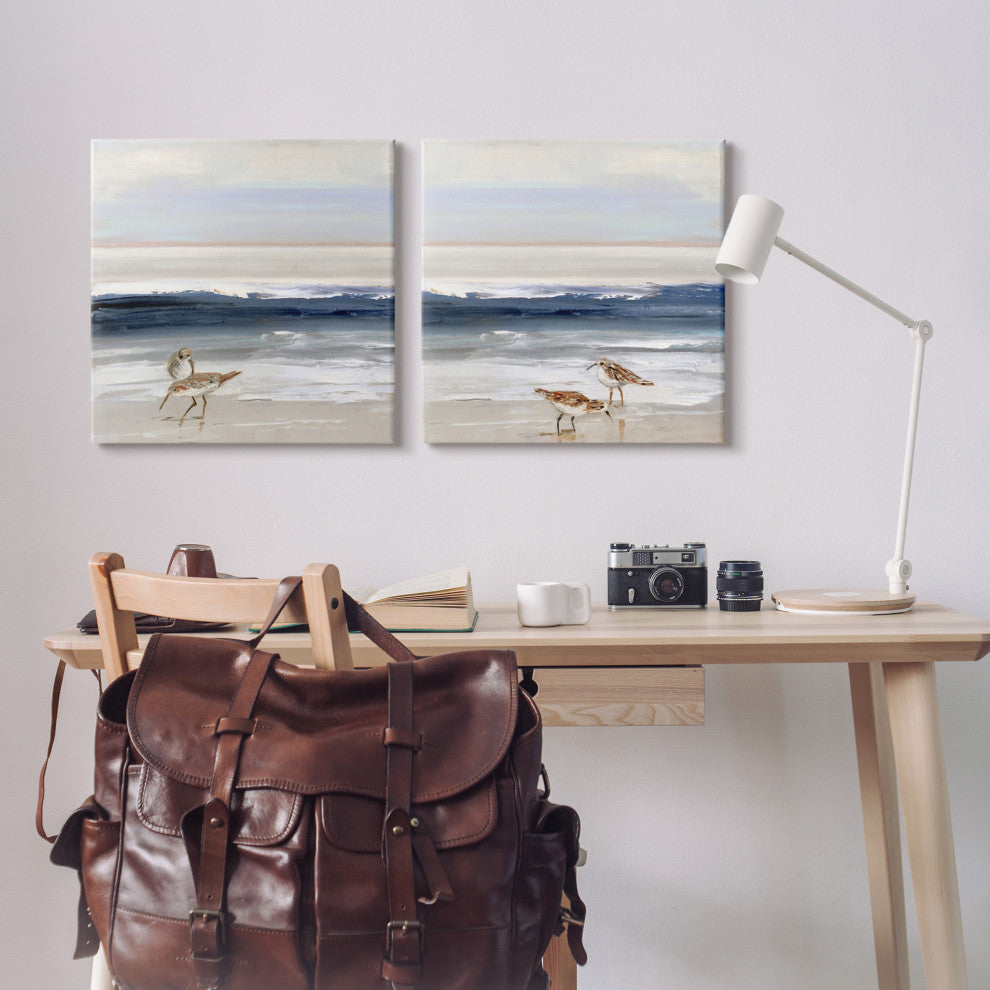Birds On Beach Shore Ocean Waves Blue Sky Landscape, 2pc, each 24 x 24