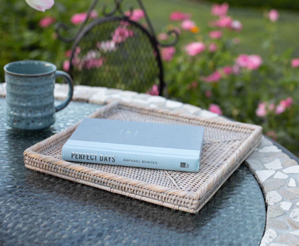 Artifacts Rattan Square Flat Tray, White Wash, 12"x12"x1"