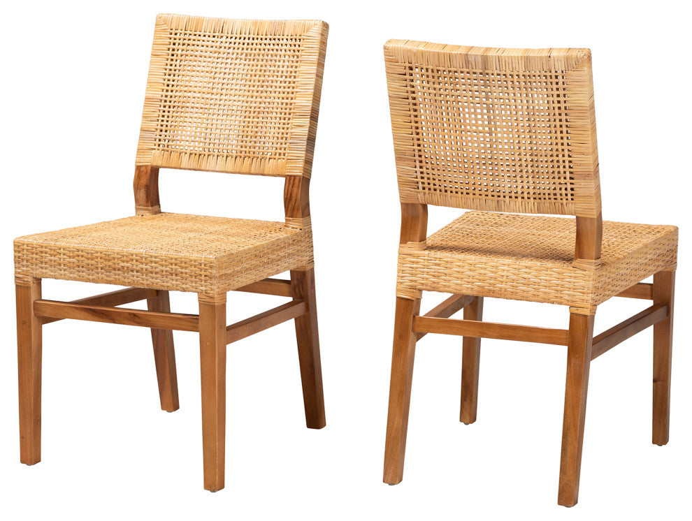 Lesia Bohemian Natural Brown Rattan, Walnut Brown Finish Wood Dining Chair Set