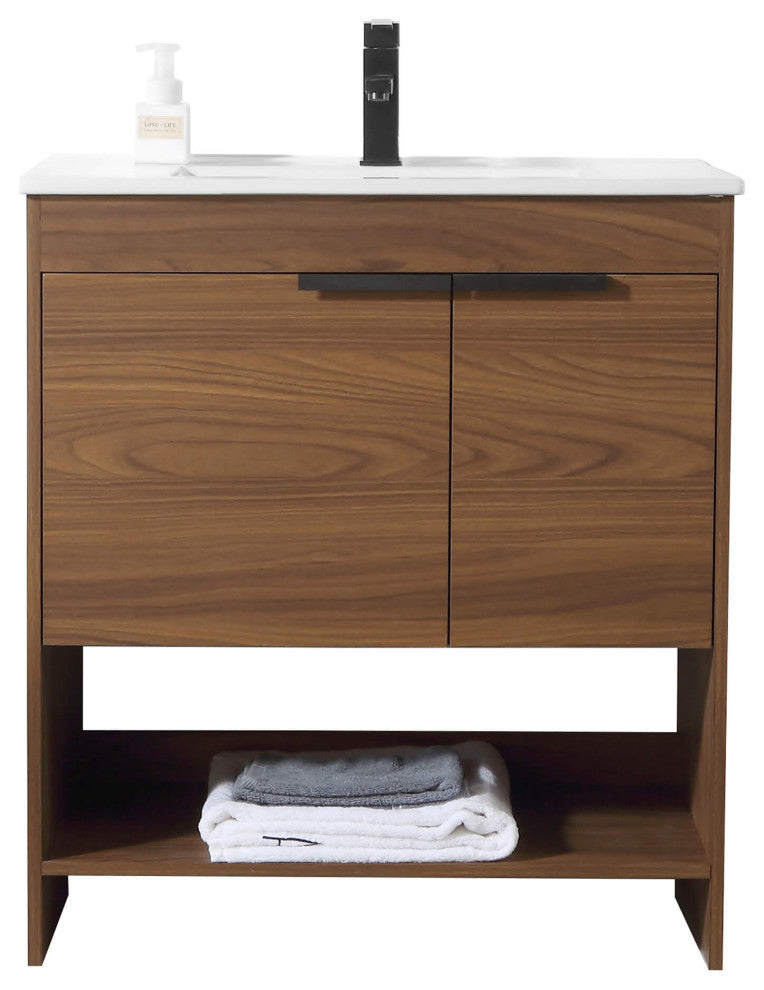 Phoenix Bath Vanity With Ceramic Sink - Full Assembly Required, Walnut, 30 Inch