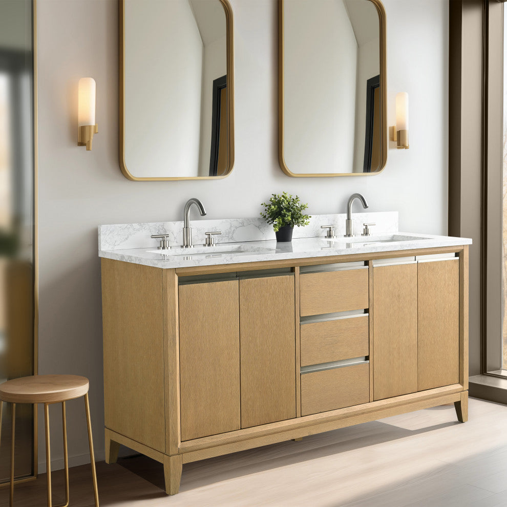 Vanity Art Bathroom Vanity With Sink, Natural Oak, 60" Double