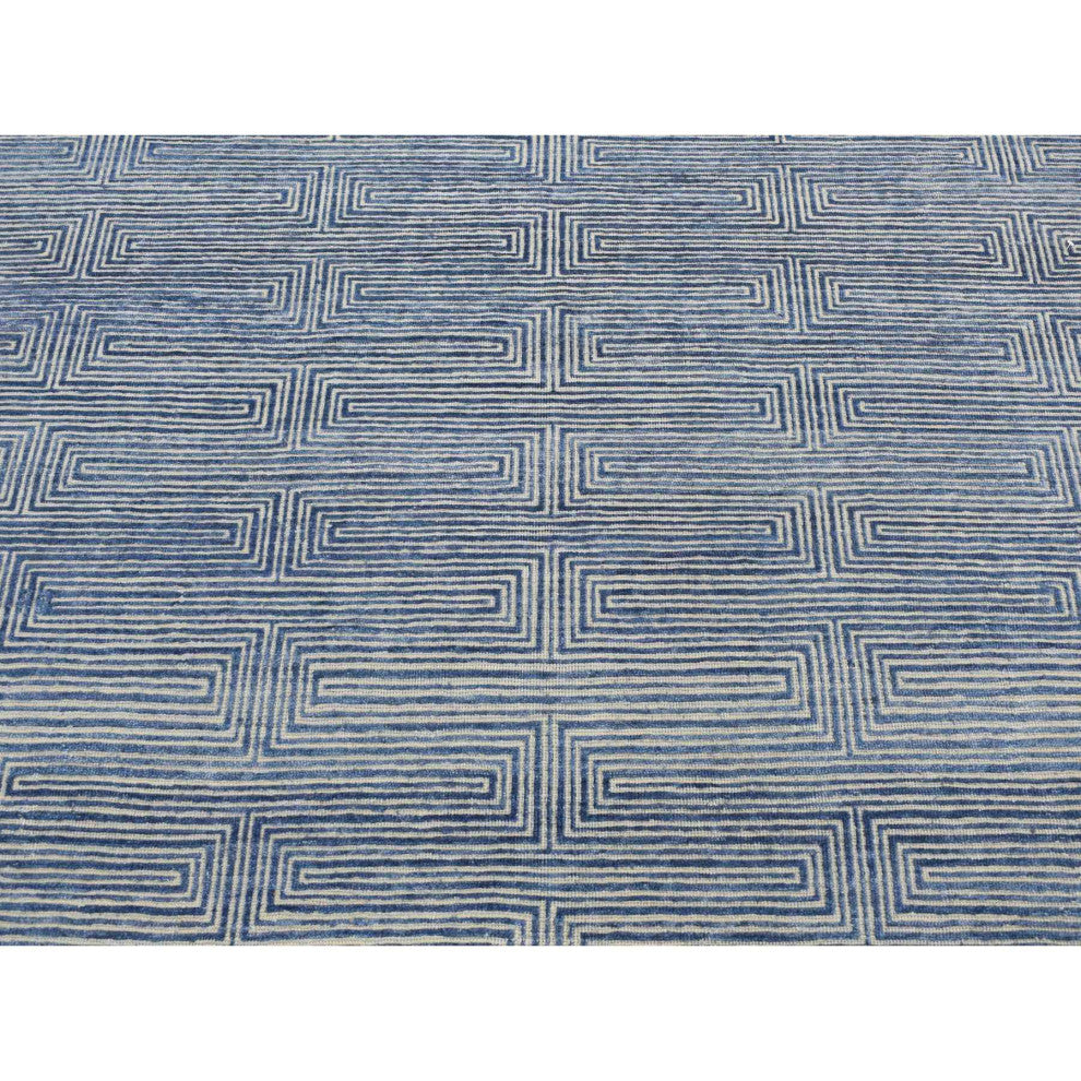 Blue, Silk With Wool, Maze Design, Hand Knotted Rug, 8'x10'