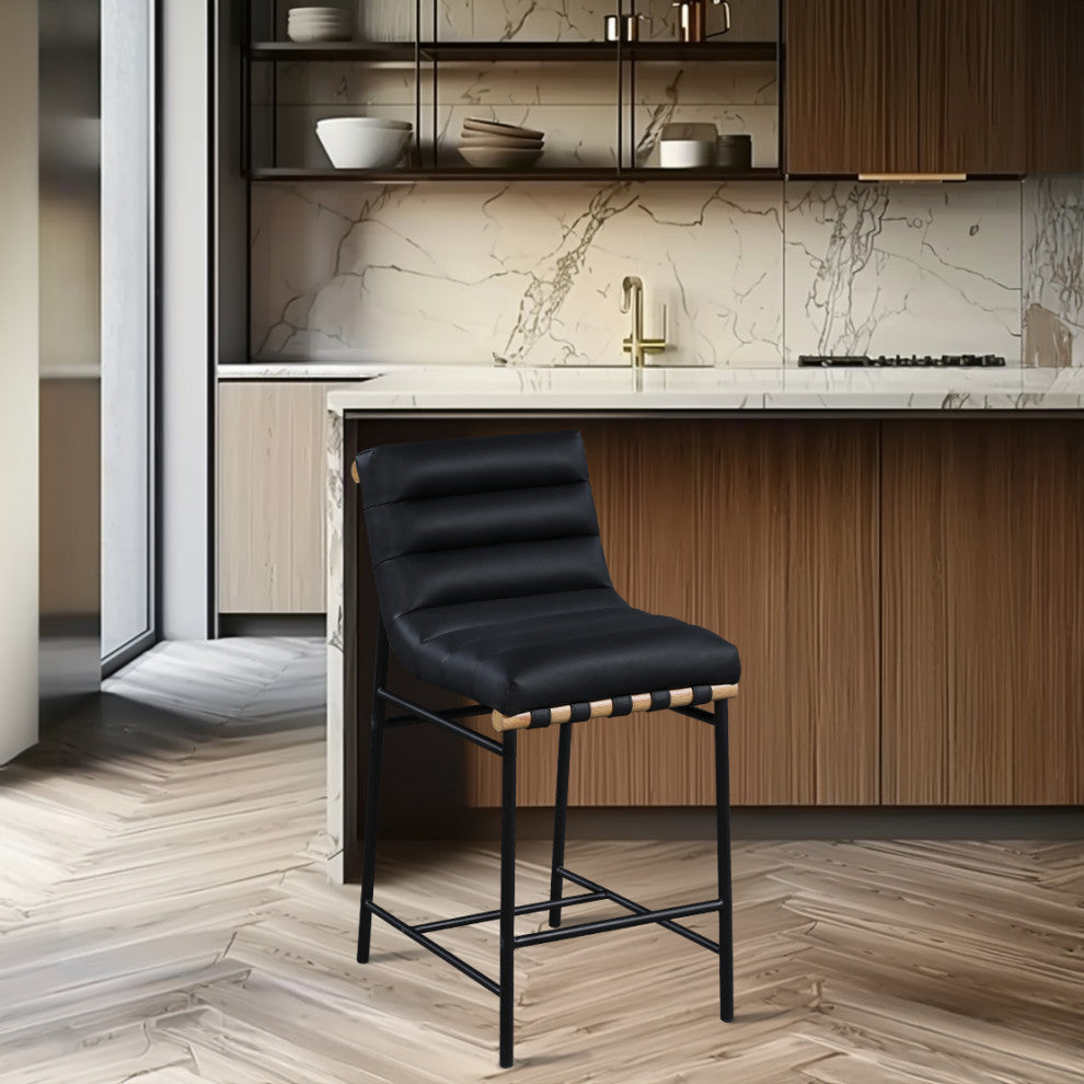 Burke Counter Stool, Black, Vegan Leather, White Oak Veneer Metal Dowel