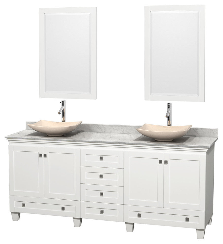 Acclaim White DBL Vanity, 24" Mirrors, 80", White Carrera Marble, Ivory Marble