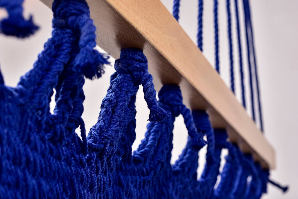 Cobalt Blue Cotton Hammock, Wooden Bar