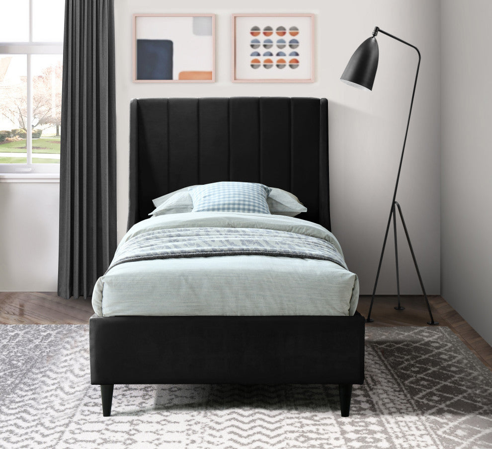 Eva Velvet Upholstered Bed, Black, Twin