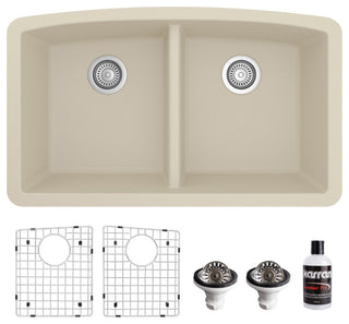Karran Undermount Quartz 32" 50/50 Double Bowl Kitchen Sink Kit, Bisque