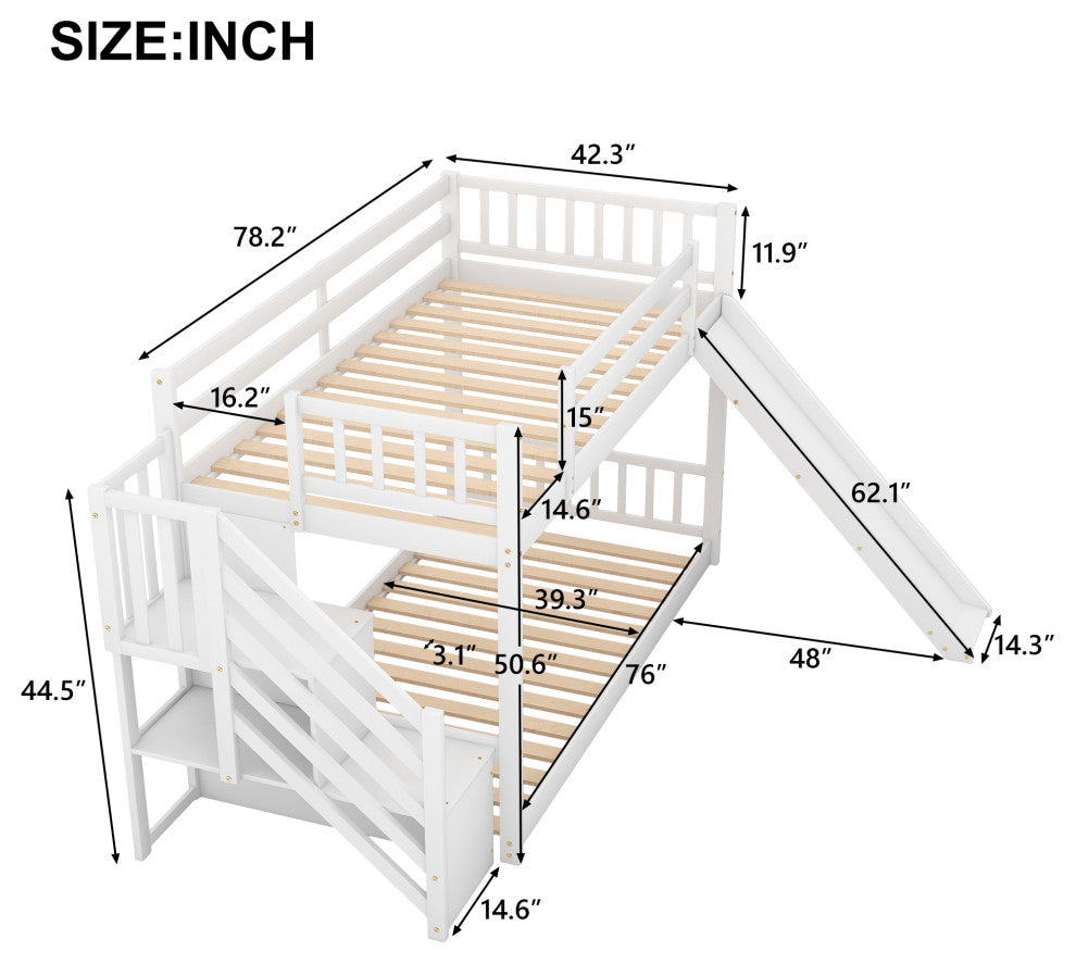 Twin over Twin Bunk Bed With Convertible Slide and Stairway, White