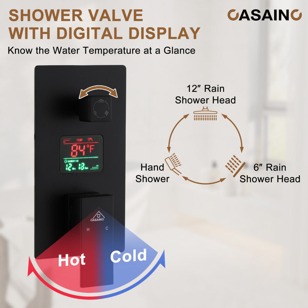 3 Function Wall Mounted Digital Display Shower System, Matte Black