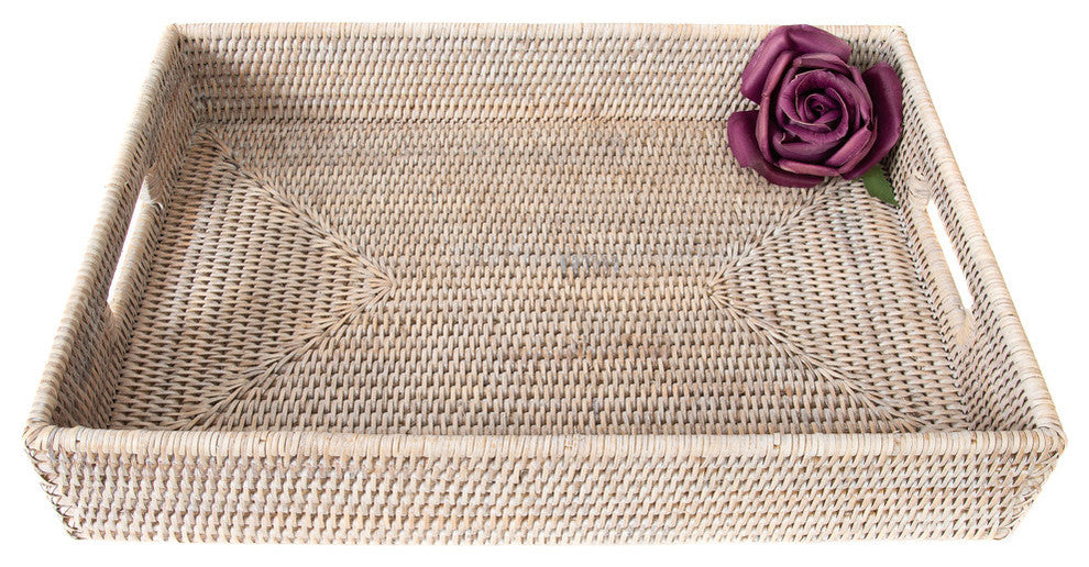 Artifacts Rattan Rectangular Tray With Cutout Handles, White Wash