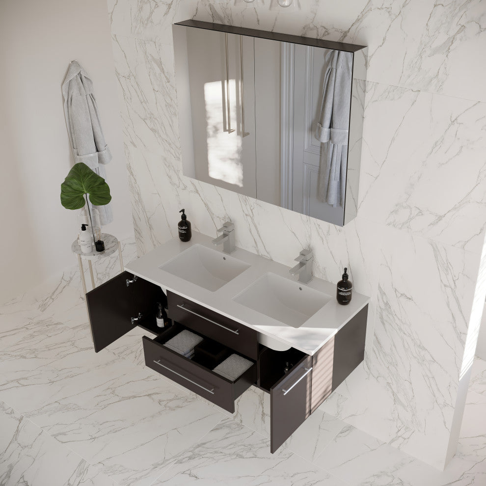 48" Espresso Wall Hung Double Undermount Sink Bathroom Vanity, Medicine Cabinet