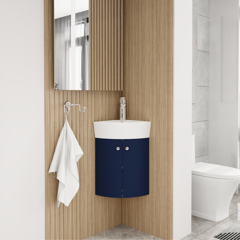 BNK Compact Double-Door Corner Bathroom Cabinet with Ceramic Basin
