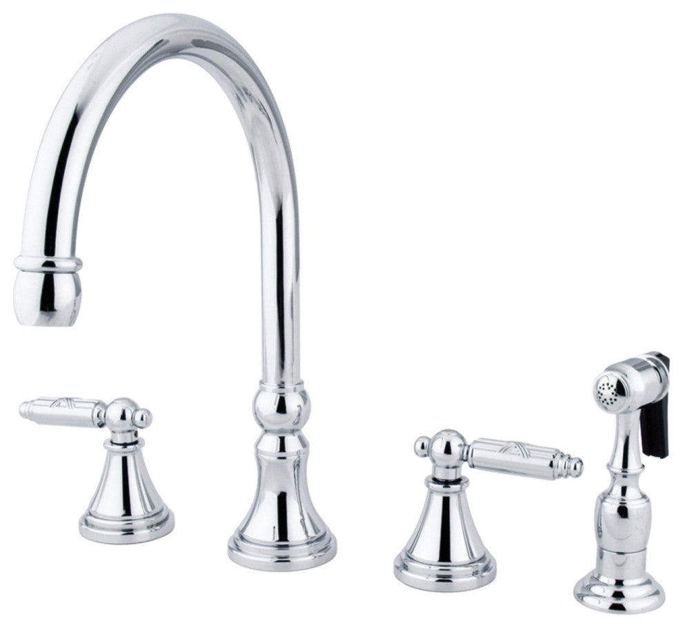 Gourmetier Widespread Kitchen Faucet With Brass Sprayer, Polished Chrome