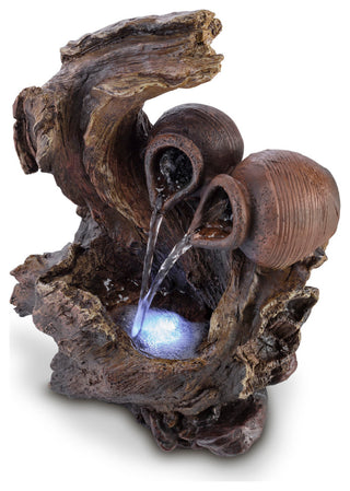 Alpine Two Jars on Tree Branch Tabletop Fountain With LED Light, 14" Tall