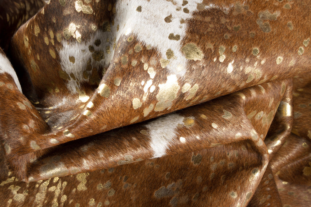 6'x7' Scotland Cowhide Rug, Gold/Brown/White