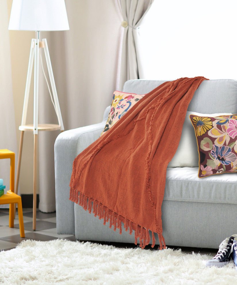 Bohemian Basics Decorative Diamond Tufted Cotton Throw Blanket, Clay
