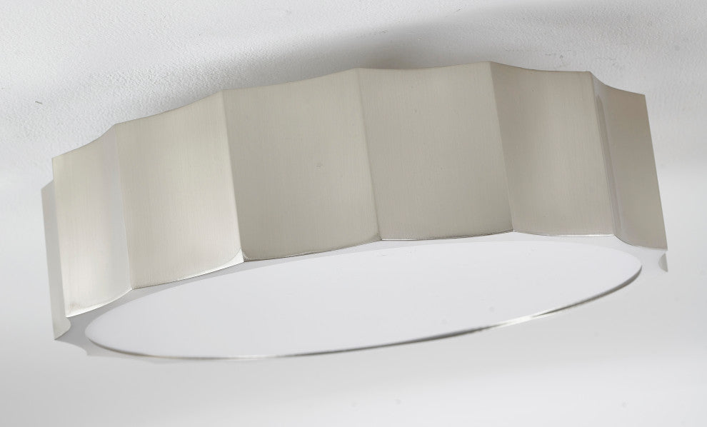Iron Wave Flushmount Light With White Frosted Acrylic Cover, Shiny Nickel