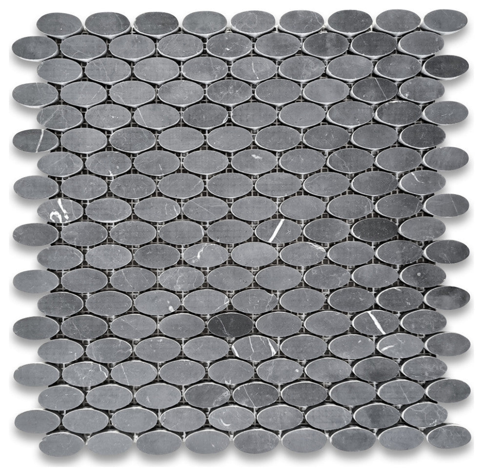 Nero Marquina Black Marble 1-1/4x5/8 Oval Ellipse Mosaic Tile Honed, 1 sheet