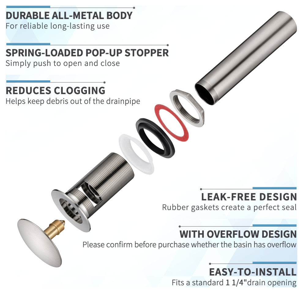 HEATGENE Bathroom Sink Drain, Pop Up Drain, Brushed Nickel, With Overflow